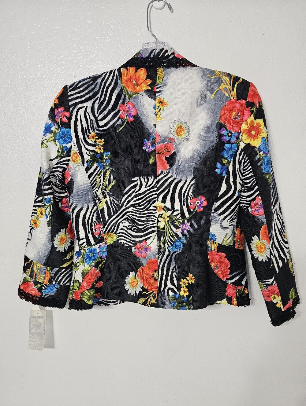 Alberto Makali Zebra Floral Lace Trim Jacket Blazer Women’s Size 2  Art to Wear - Picture 3 of 10